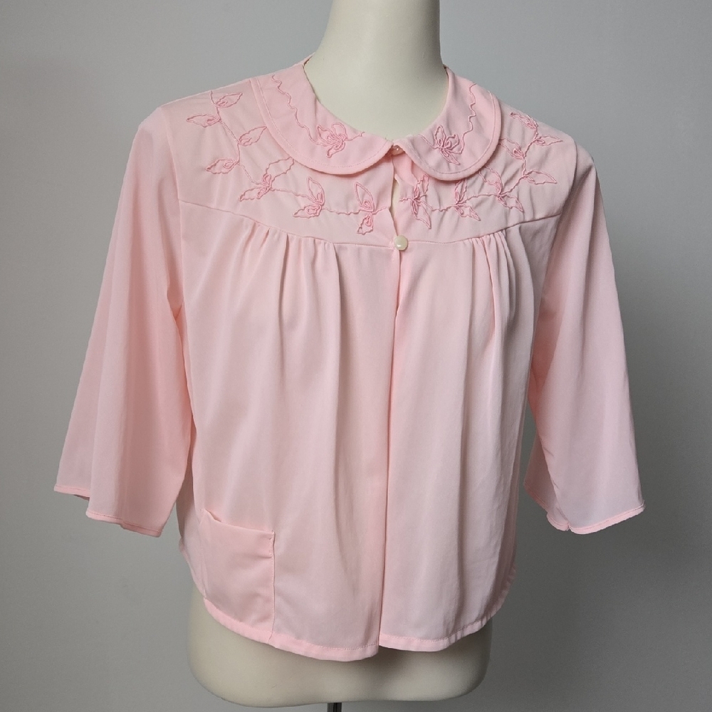 Vintage Styled by Nanette Bed Jacket Pink Nylon Embroidered Peter Pan Collar (M)